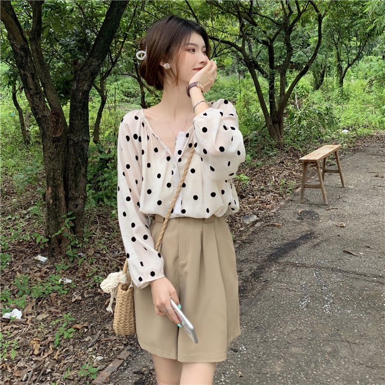 Set Áo Sơ Mi Tay Dài Dáng Rộng Họa Tiết Chấm Bi Phối Chân Váy Lưng Cao Phong Cách Retro Phương Tây
