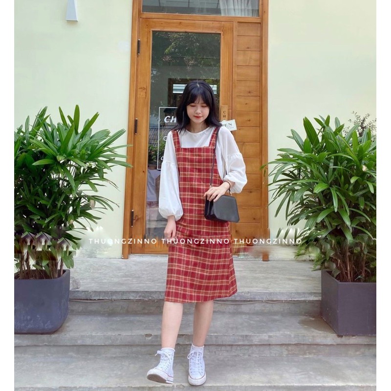 [Ảnh thật/Video] Set yếm ulzzang kèm áo vintage tay bồng Set bộ đồ Đầm nữ dáng dài