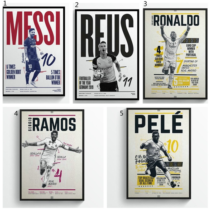 Áp phích giấy dán tường trang trí in hình cầu thủ bóng đá Messi Marco Reus Cr7 Cristiano Ronaldo Ramos Pelé độc đáo
