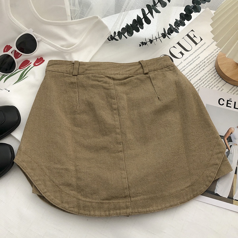 Jiashucheng Chân Váy Denim Kaki Lưng Cao Dáng Ngắn Chống Chói Dễ Phối Đồ