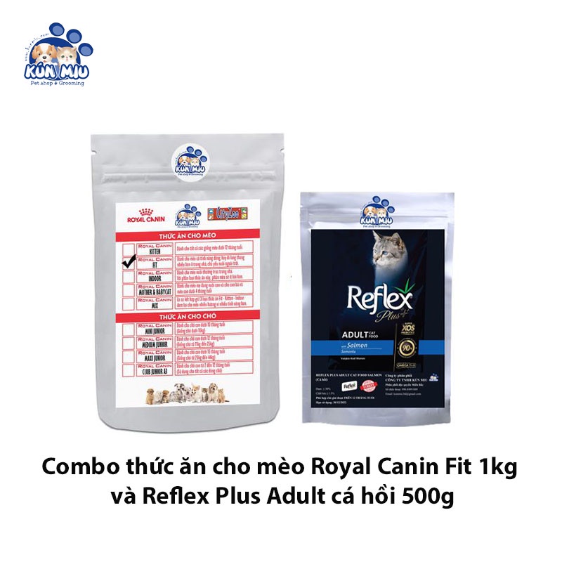 Combo thức ăn cho mèo Royal Canin Fit 1kg và reflex plus adult cá hồi 500g