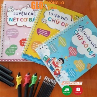 Combo 3 Quyển Luyện Viết Chữ Số Đẹp, Luyện Nét Cơ Bản Kèm 2 Bút Mực Thần Kỳ 8 Ngòi