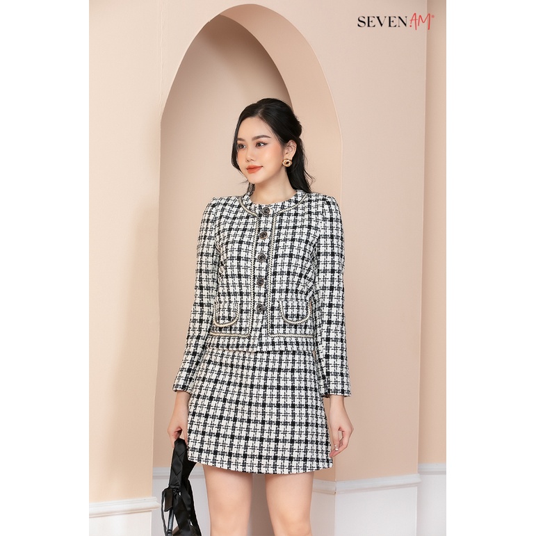 Chân Váy A Mã F700014N &amp; Áo Khoác Seven.AM Kiểu Dáng Lửng Tay Chất Dạ Họa Tiết Kẻ Đen Trắng Cổ Tròn Mã F351021N