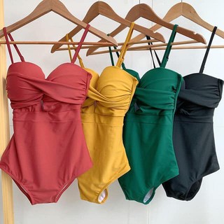 Bikini một mảnh xanh, vàng, đỏ chụp hình nhóm, bikini liền thân xẻ chéo ngực sexy cá tính