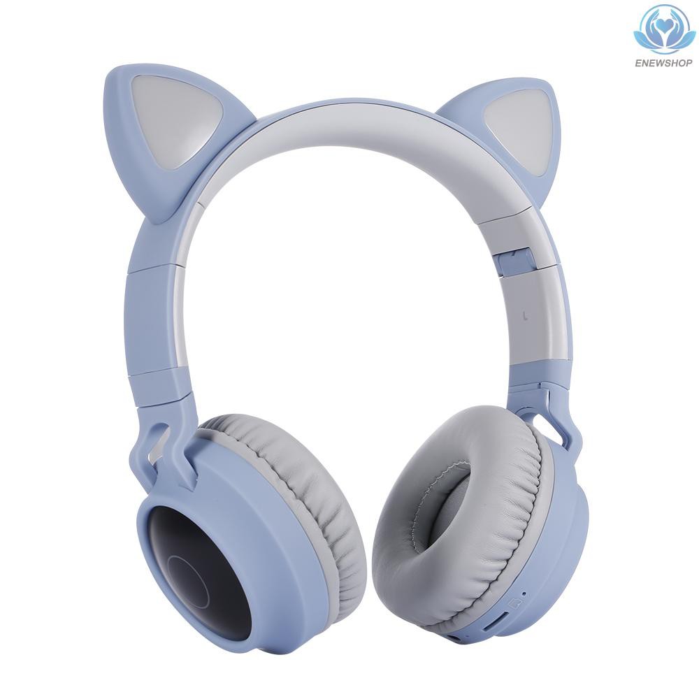 【enew】LED Cat Ear Headset RGB 3-Color Lights Noise Cancelling Headphones BT 5.0 Kids Earphone Support TF Card Radio 3.5mm Plug Blue