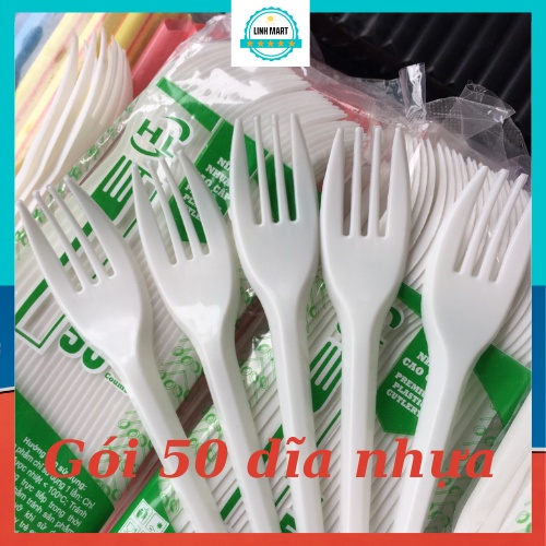 Nĩa nhựa dùng 1 lần gói 50 chiếc, dĩa nhựa trắng ăn tiện lợi LINHMART