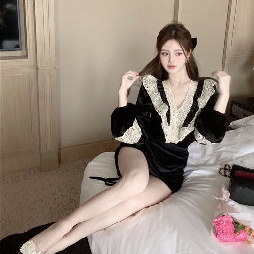 French velvet shirt female designer minority lace spliced shirt autumn and winter black chic v collar blouse