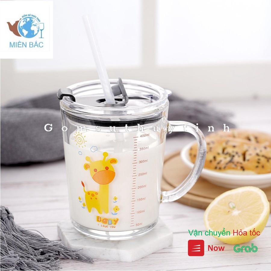 Ly quai thủy tinh nắp kín 400ML vạch chia tiện lợi + TẶNG KÈM ỐNG HÚT