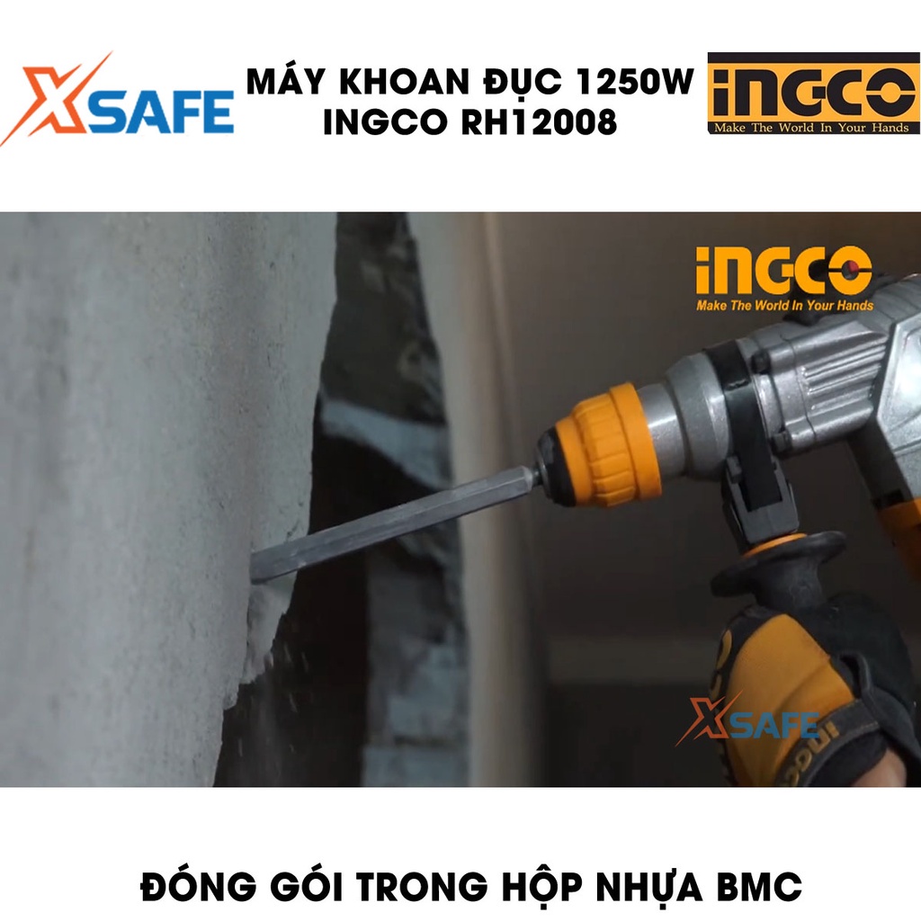 Máy khoan đục INGCO RH12008 1250W, đầu gài SDS, lực đập 5J, khả năng khoan tối đa bê tông 30mm, thép 13mm, gỗ 40mm