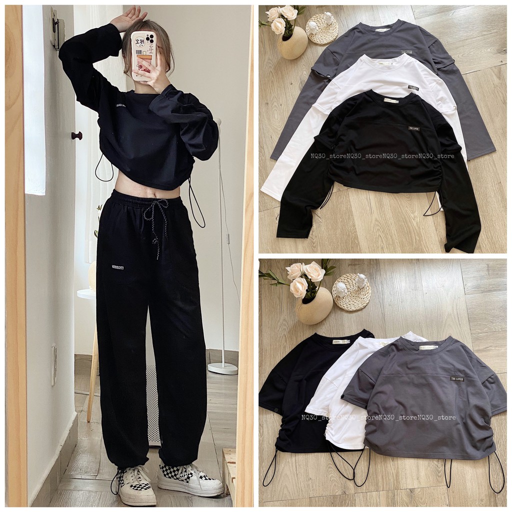 Áo Croptop Tay Dài Form Rộng Dây Rút Eo Nữ Ullzang, Áo Croptop Tay Ngắn Unisex