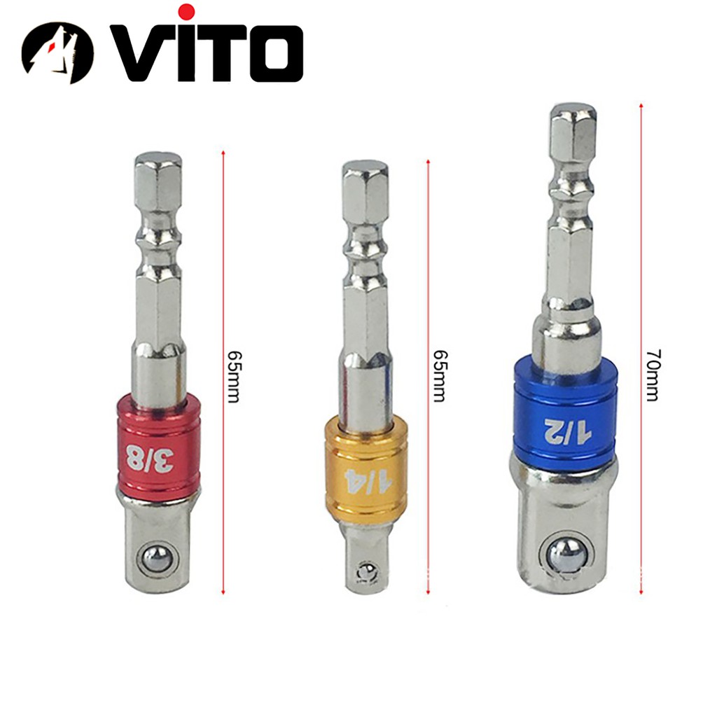 Bộ 3 Đầu Chuyển Sang Khẩu Bulong 1/4" 3/8" 1/2" 3 Màu VITO Gắn Cho Máy Khoan, Máy Bắn Vít