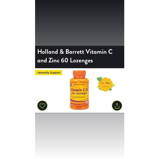 60 Viên uống tăng sức đề kháng Holland and Barrett Vitamin C & Zinc