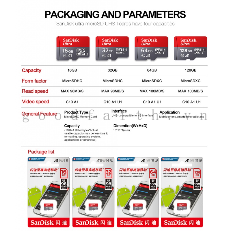 Thẻ nhớ sandisk 64GB /32Gb/16GB/8GB dùng điện thoại, máy ảnh - Thẻ nhớ tốc độ cao Class 10 Ultra 667x 100MB/s -BH 5 năm