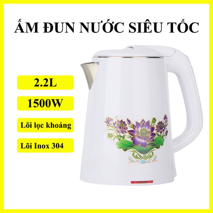 Ấm siêu tốc, bình đun siêu tốc inox 2.2l lõi lọc khoáng đun nước an toàn tuyệt đối, công suất 1500W