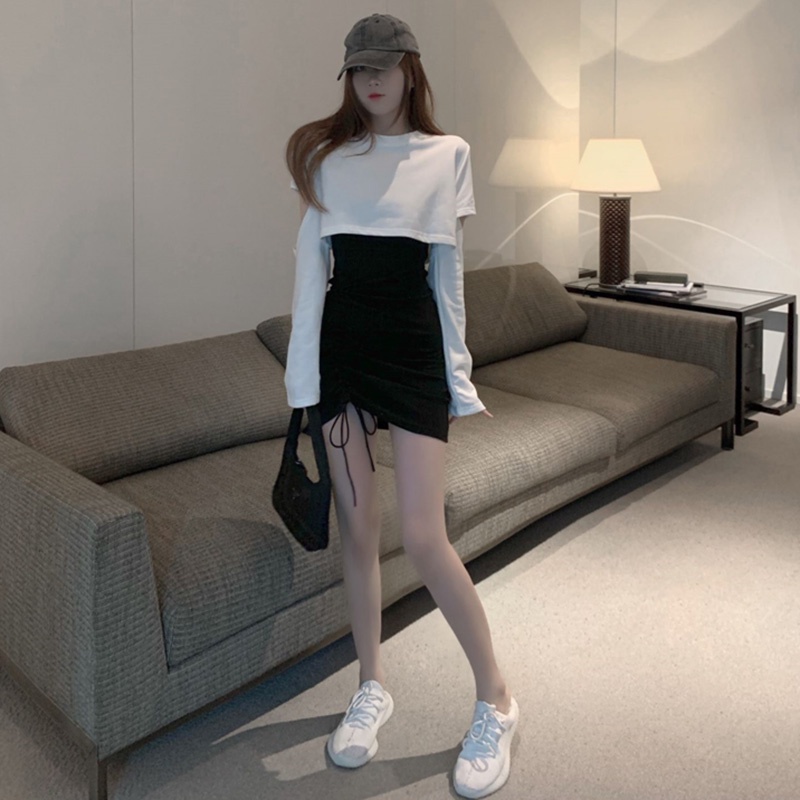 Đầm ngắn hai mảnh phối dây rút gợi cảm thời trang Hàn Quốc mới dành cho bạn nữ