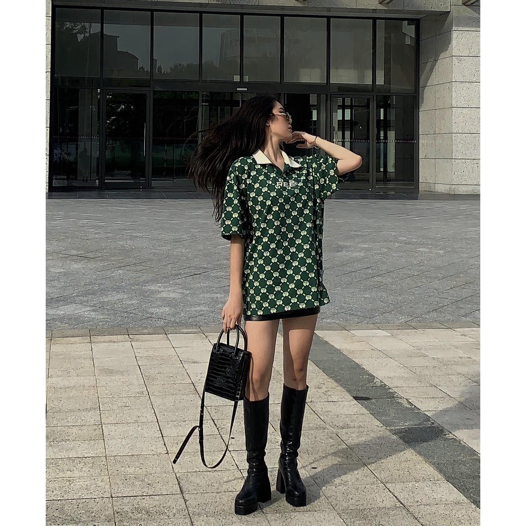 LOCAL BRAND REE - ÁO POLO DIAMOND MONOGRAM MÀU XANH ĐẬM