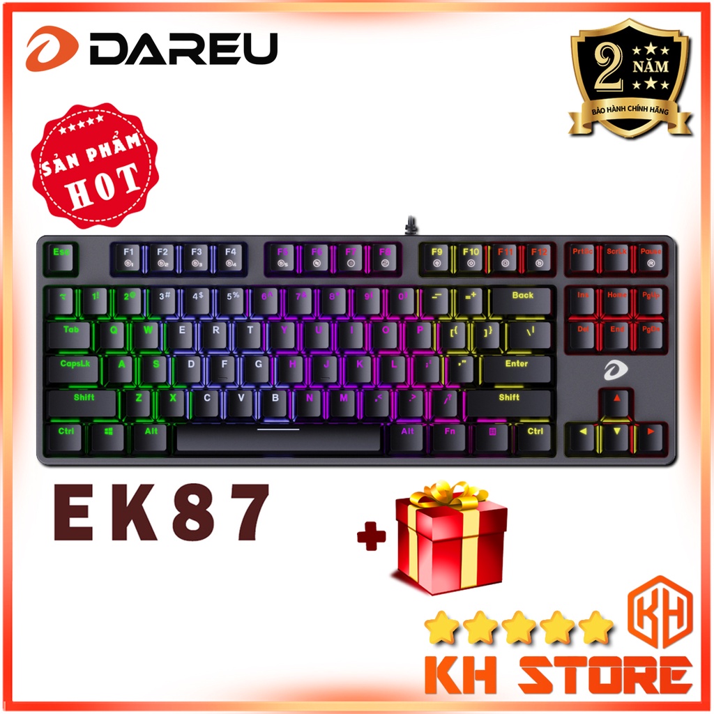 Bàn phím cơ Gaming, chơi game có dây DAREU EK87 MULTILED Black - Bản nâng cấp LED nhiều màu (BLUE, R