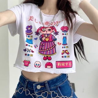 Áo thun croptop tay ngắn in họa tiết hoạt hình dễ thương cho nữ