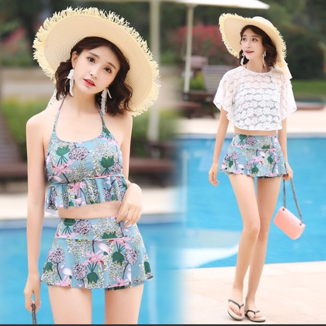 Đồ bơi My Bikini 3 chi tiết kèm khăn quần váy màu Xanh (có sẵn)