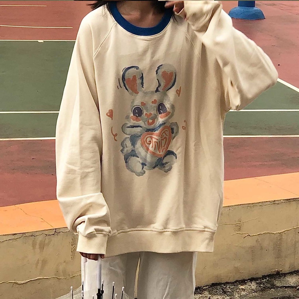 Áo Sweater Tay Dài Cổ Tròn Dáng Rộng In Hình Thỏ Dễ Thương Thời Trang Xuân Thu Cho Nữ