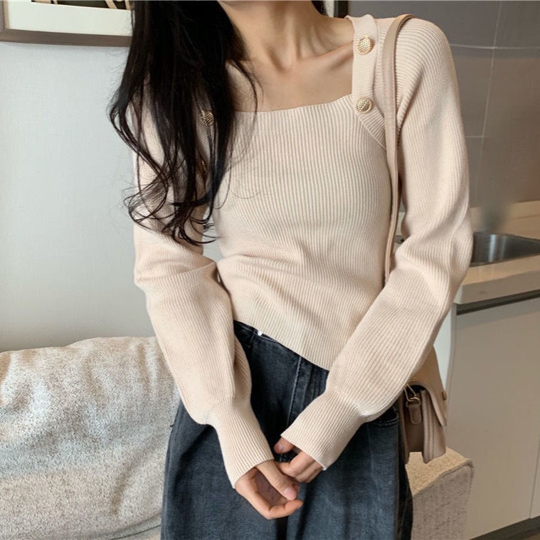 Áo len croptop dáng ôm cổ vuông LYRA, chất len mềm mỏng đính cúc giả kim sang chảnh-VSYAL0051 | WebRaoVat - webraovat.net.vn