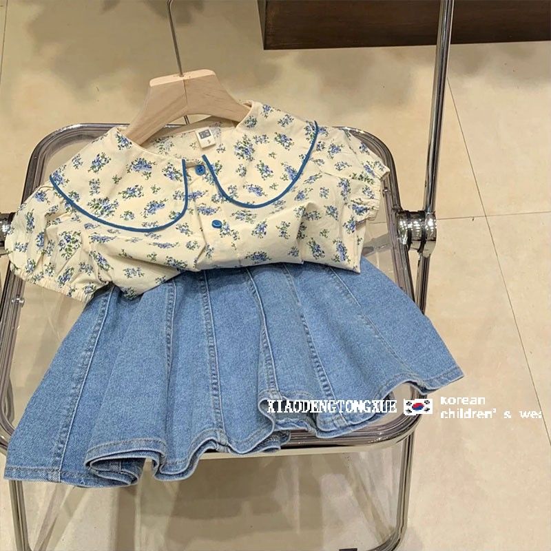 Bộ Áo Sơ Mi Denim Cổ Búp Bê Phối Chân Váy Denim In Hoa Kiểu Nhật Hàn Thời Trang Mùa Hè Cho Bé Gái 2022