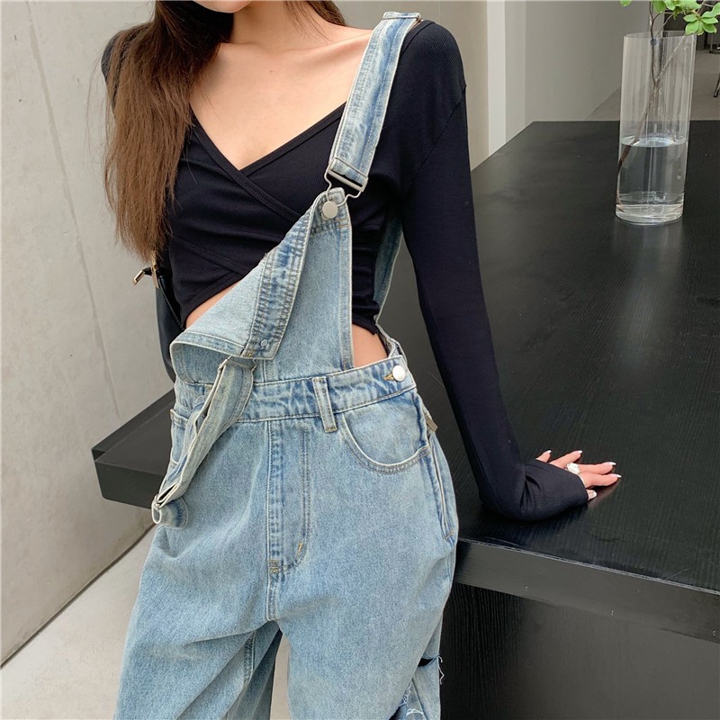 LEEVA- Yếm bò nữ lưng cao ống suông rộng phối áo body đen cá tính L289