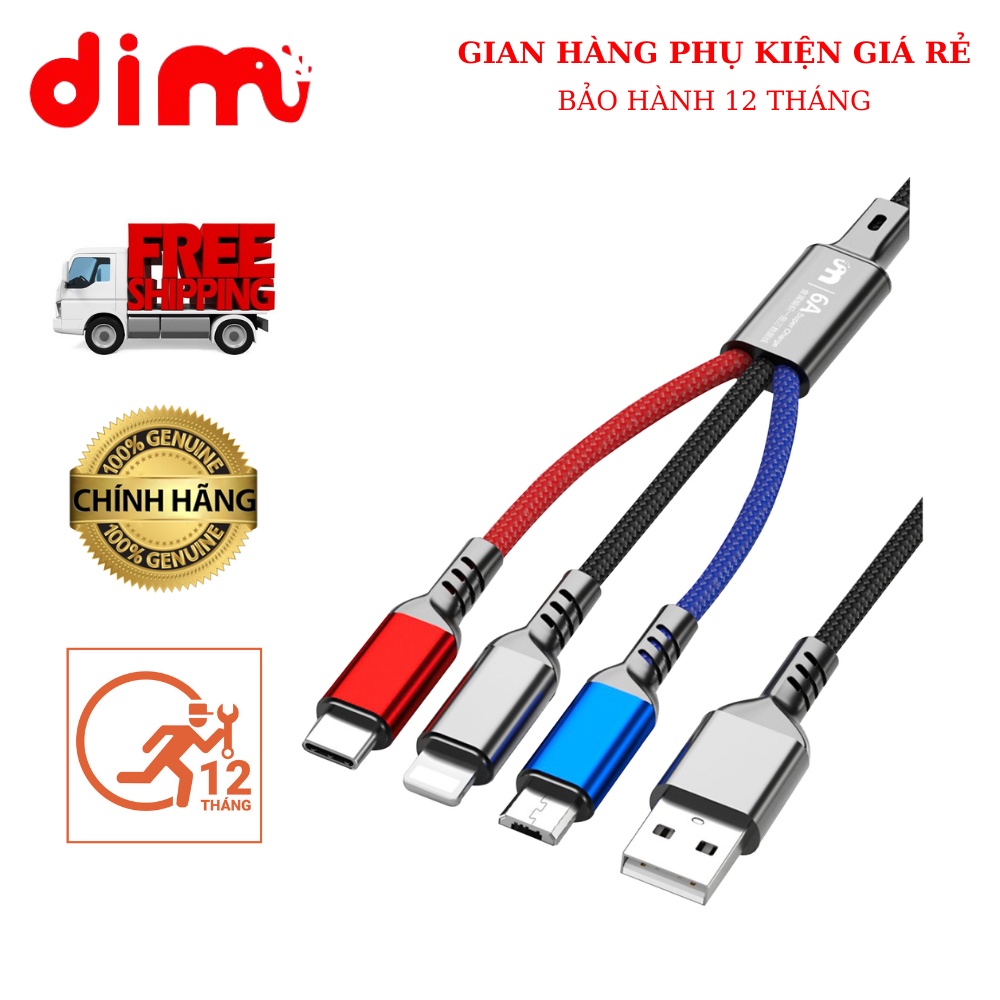 Cáp Sạc Đa Năng 3 Đầu M13 DIMI - Cáp Sạc Nhanh 6A 3 Trong 1 USB-A To Micro/ Type C/ Lightning