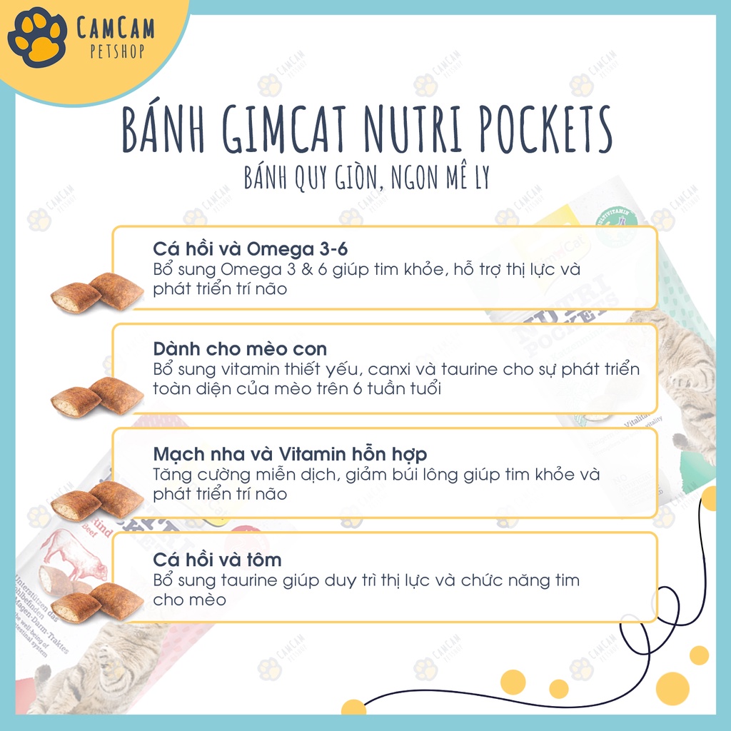 Bánh quy nhân giòn Gimcat Nutri Pockets gói 150gr &amp; 60gr - Snack Gimcat có nhân cho mèo, bánh thưởng cho mèo