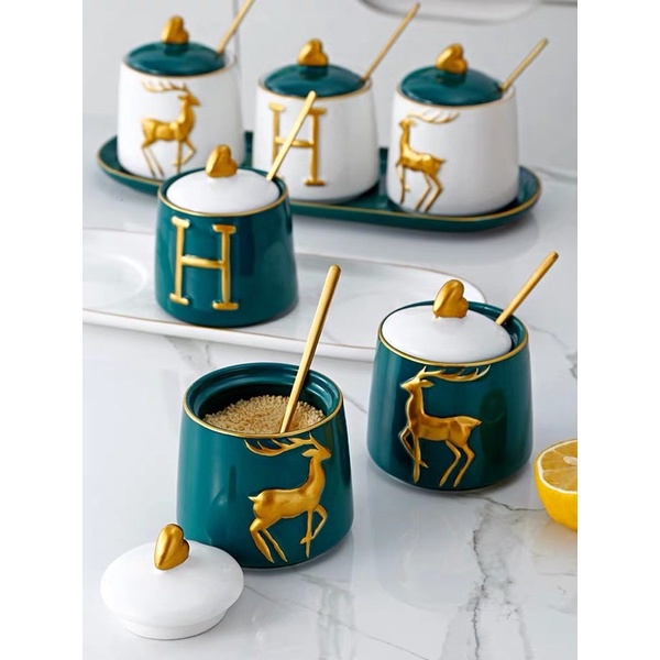 Bộ gia vị gốm sứ vân nổi hình hươu , chữ home
