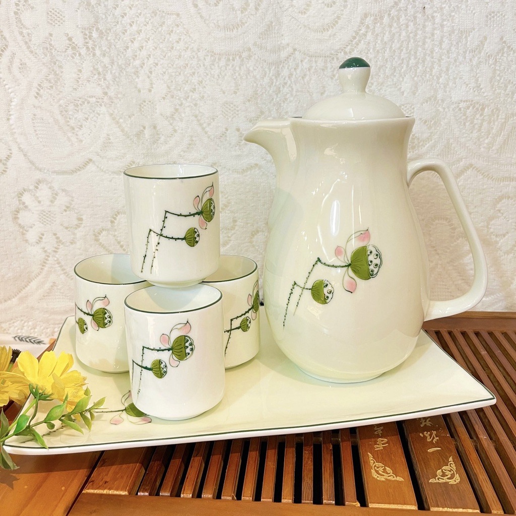 Bộ ấm chén uống trà ⚱ Gốm Sứ Bát Tràng ⚱ Bộ ấm trà Hoa Sen decor cao cấp GOMPHUQUY HD01