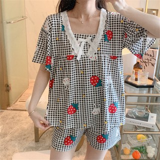 Bộ pijjama phối nơ cực xinh, Đồ bộ dễ thương, Bộ kẻ đen thỏ trắng