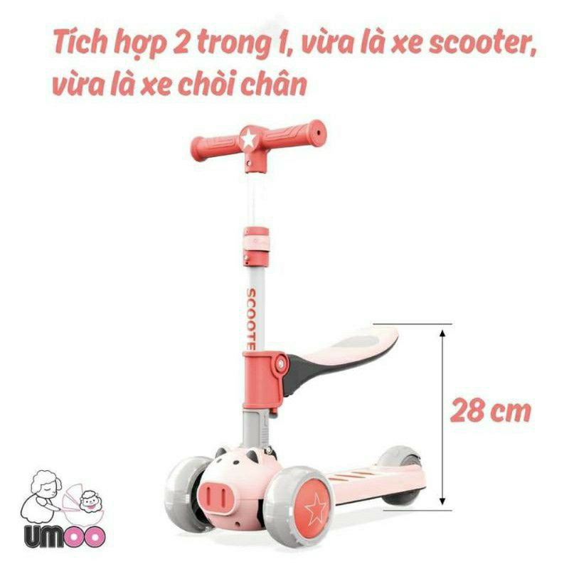 Xe trượt Scooter cho bé Umoo 2 trong 1 hình heo UM-0277, vừa là xe scooter vừa là xe chòi chân