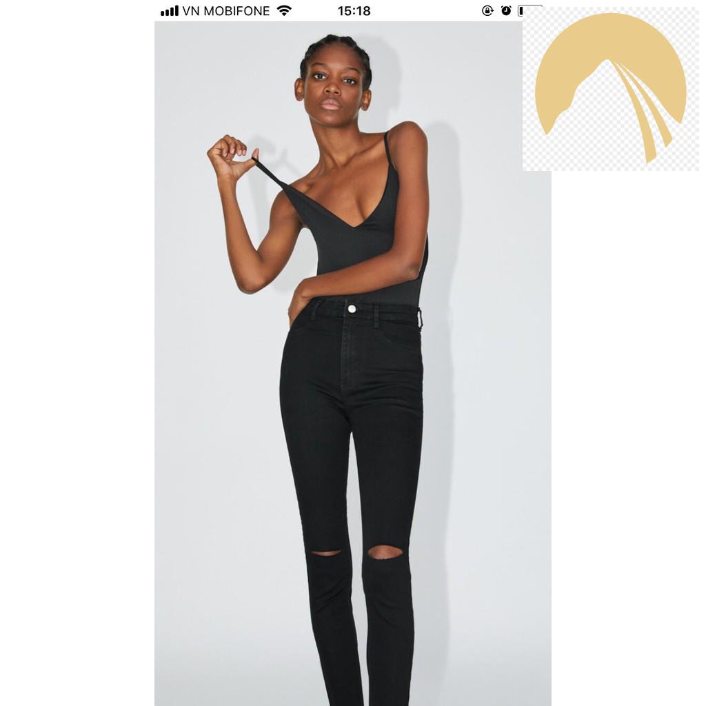 Quần Skinny Jean Zara Rách Gối Màu Đen Tuyền - Có Ảnh Thật,