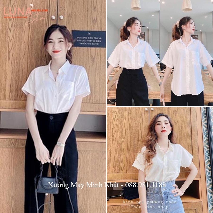 Áo sơ mi nữ đi học form rộng tay ngắn lỡ có túi dáng ulzzang freesize unisex kiểu áo sơ mi trắng nữ tay ngắn trơn đi học