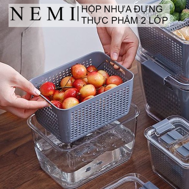 Hộp Đựng Thực Phẩm Tủ Lạnh 2 Lớp  Có Lỗ Thoát Nước, Có Khóa Thoát Khí, Dễ Dàng Bảo Quản Rau Củ