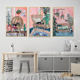 Tranh Sơn Dầu Treo Tường Trang Trí Hình Mèo Và Cây Cối Phong Cách Retro