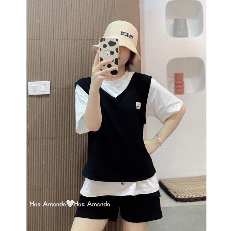 Sét Đồ Bộ Thể Thao Đùi in Logo Phẩy Pha Tay Túi Bụng Phong Cách Ulzzang Unisex,Bộ Thun Tay Lỡ Ullzang Hot