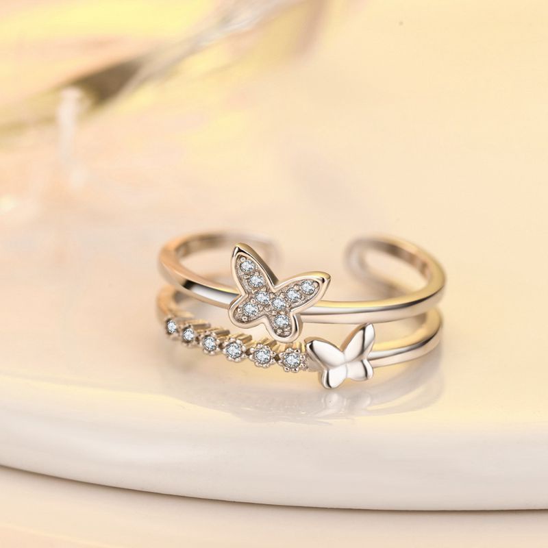 Nhẫn hở mạ bạc hình bướm đính đá zircon có thể điều chỉnh kích thước thời trang