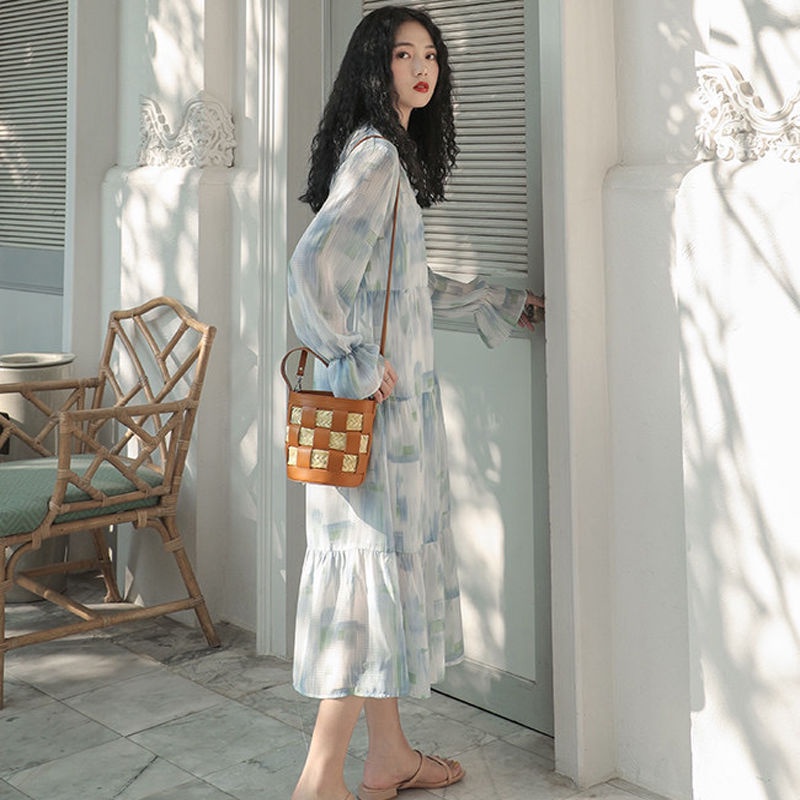 Đầm Tay Dài Sọc Ca Rô Phong Cách Hàn Quốc Trẻ Trung Nhẹ Nhàng Cho Nữ