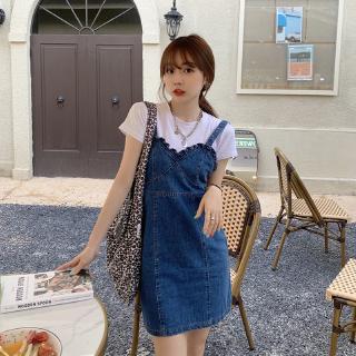 Đầm Yếm Denim Hai Dây Dáng Ngắn Xinh Xắn Thời Trang Phong Cách Hàn Quốc Cho Nữ