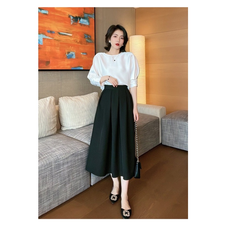 Set Công Sở Lyn39, Áo Lụa Trượt Thái , Chân váy midi dài dáng xoè nhẹ cạp khóa xẻ sau