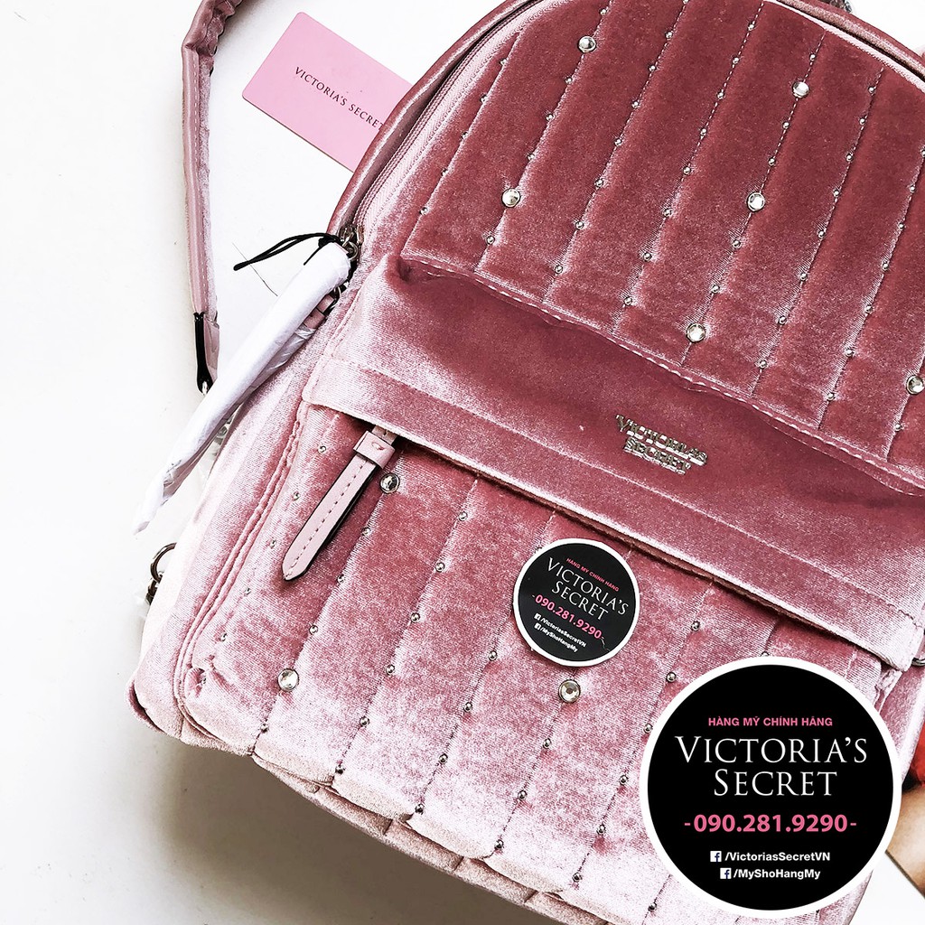 Ba lô nhung màu hồng kết hạt trắng KT 36x26x13cm - Hàng nhập Victoria's Secret USA