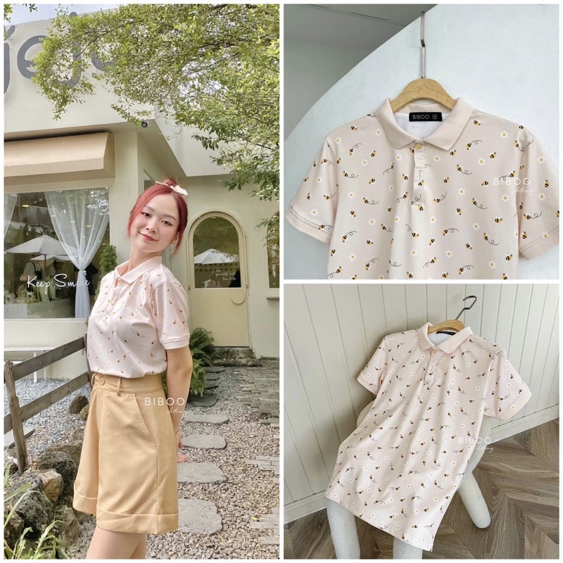 BIBOO - Áo polo họa tiết có cổ tay ngắn form unisex nam nữ CON ONG - BEE chất liệu dày dặn, không nhăn