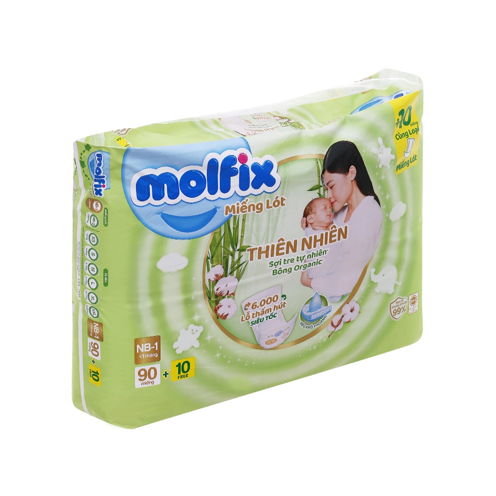 Tã/bỉm Lót Sơ Sinh Molfix Thiên Nhiên sợi tre và bông Organic tự nhiên NB1 90+10 / NB2 64 +10