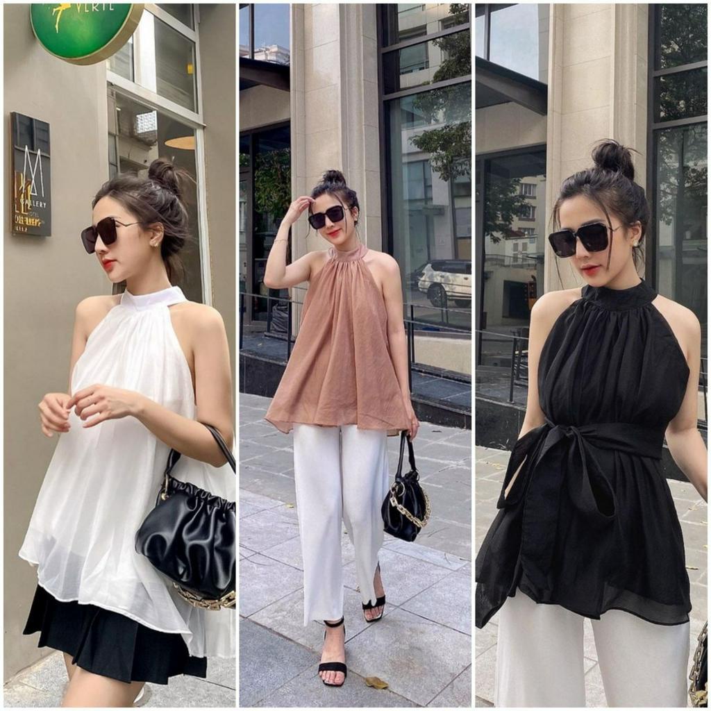 Áo kiểu nữ cổ yếm hở vai 2 lớp kèm dây đai, áo babydoll bánh bèo
