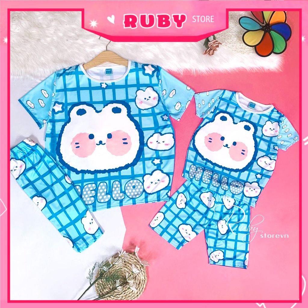 Đồ bộ thun QUẦN LỬNG mẹ và bé size đến 70kg chất thun mềm mát in hình gấu hoạt hình chibi dễ thương DBRBL FULL SIZE