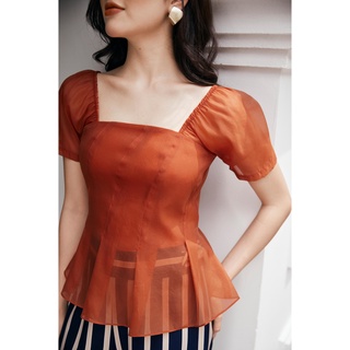 Áo cổ vuông tơ peplum cam HER 06.22 E