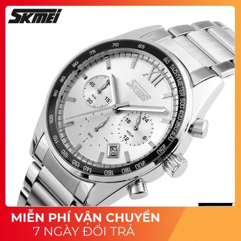 Free ship - Thời trang cao cấp  (Giá cực sốc) Đồng hồ nam thời trang Skmei 9096 dây thép chạy 6 kim FULL BOX