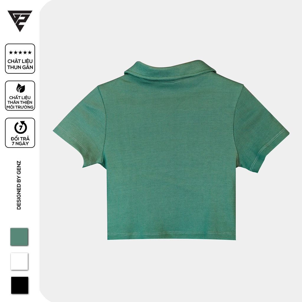 Áo croptop nữ tay ngắn GENZ cổ bẻ dây kéo chất liệu thun gân freesize form chuẩn tôn dáng